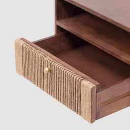 Handmade Mango Wood Bedside Table, Mid Century Jute Drawer Nightstand - thumbnail 4