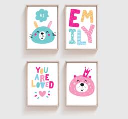 Set Of 4 Girls Nursery Prints, You Are Loved Print, Bedroom Decor, Playroom, Wall Art, Penguin, Personalised Print - thumbnail 1