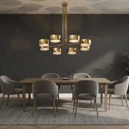 Handmade Brass Chandelier, 8-Light Drum Shade, Mid Century Modern Pendant Light - thumbnail 4