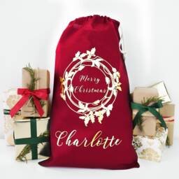 Personalised Christmas Sack - Red Cotton Santa With Gold Holly Wreath