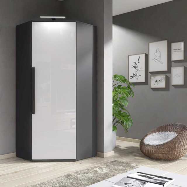 Furneo Modern White High Gloss & Matt Graphite Corner Wardrobe Bedroom Closet Storage With Led Light Clifton 14G - image 1