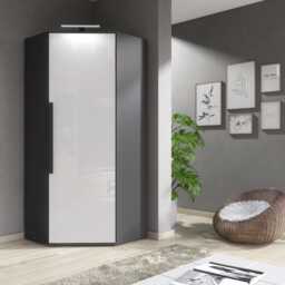 Furneo Modern White High Gloss & Matt Graphite Corner Wardrobe Bedroom Closet Storage With Led Light Clifton 14G - thumbnail 1