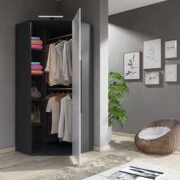 Furneo Modern White High Gloss & Matt Graphite Corner Wardrobe Bedroom Closet Storage With Led Light Clifton 14G - thumbnail 2