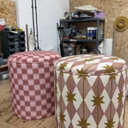 Dressing Table Pouffe in Woodchip & Magnolia Check - thumbnail 3