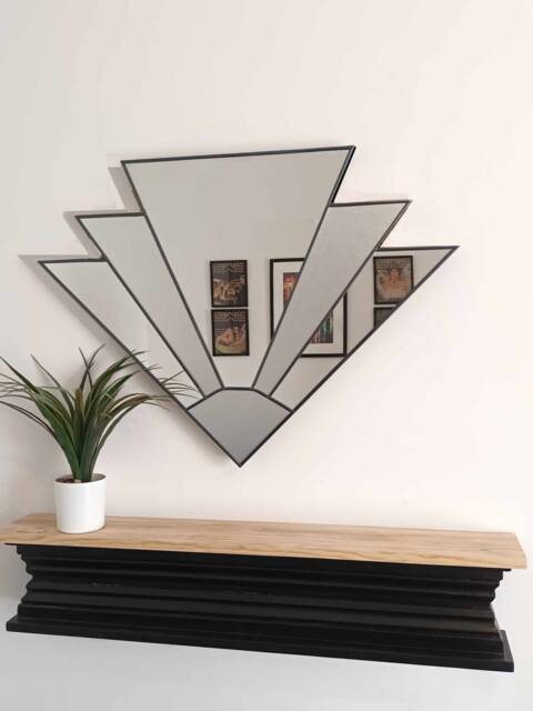 Large Stain Glass Art Deco Mirror, Wall Overmantle Vintage Fan Mirror - image 1