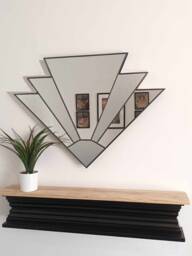 Large Stain Glass Art Deco Mirror, Wall Overmantle Vintage Fan Mirror - thumbnail 1