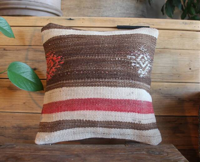 30cm Vintage Kilim Cushion Cover Handwoven - Simple Weave Off White Soft Red Brown Side Motifs - image 1