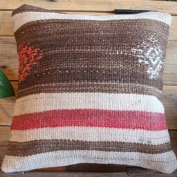30cm Vintage Kilim Cushion Cover Handwoven - Simple Weave Off White Soft Red Brown Side Motifs - thumbnail 2