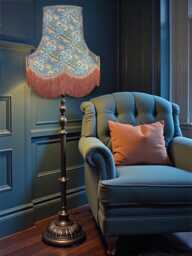 Handmade William Morris Peacock Dragon Fabric Lampshade Slate Blue Braid, Gold Fringe Handcrafted in Great Britain