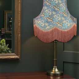 William Morris Teal Peacock & Dragon Curtains Fabric Lampshade Slate Blue Braid & Antique Gold Fringe, Bespoke British Handmade - thumbnail 3