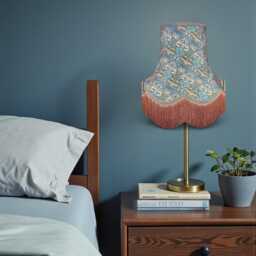 William Morris Teal Peacock & Dragon Curtains Fabric Lampshade Slate Blue Braid & Antique Gold Fringe, Bespoke British Handmade - thumbnail 2