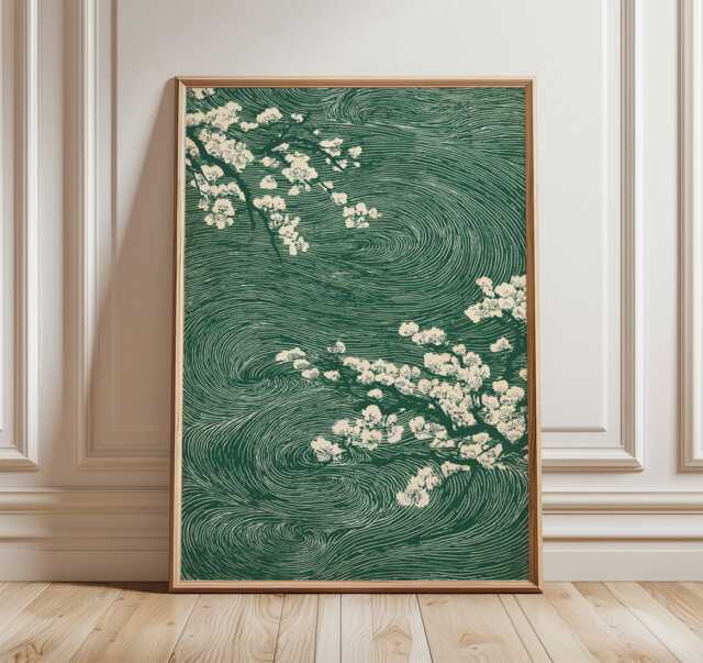 Green Japanese Cherry Blossom Print, Abstract Wind Swirl Sakura Wall Art, Ukiyo-E Botanical Decor - image 1