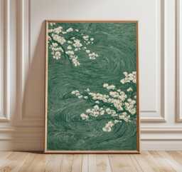 Green Japanese Cherry Blossom Print, Abstract Wind Swirl Sakura Wall Art, Ukiyo-E Botanical Decor - thumbnail 1