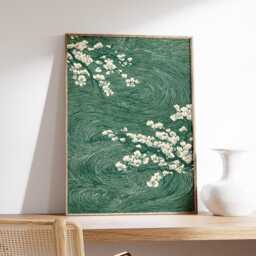 Green Japanese Cherry Blossom Print, Abstract Wind Swirl Sakura Wall Art, Ukiyo-E Botanical Decor - thumbnail 2