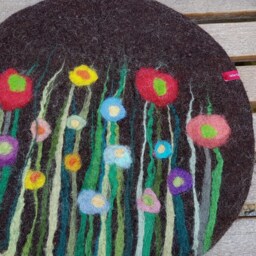 Handfelted Seat Cushion With Flowers & Grass, Summer, Brown - thumbnail 2