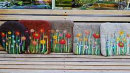 Handfelted Seat Cushion With Flowers & Grass, Summer, Brown - thumbnail 1