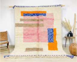 Handwoven Moroccan Berber Rug, Wool Shag Rug With Blue Pink Geometric Blocks, Authentic Beni Ourain Style Carpet, Large 9x12 Area - thumbnail 1
