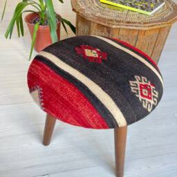 Vintage Kilim Stool, Round Ottoman Footstool, Handmade Turkish Accent Furniture, Boho Decor, Detachable Wooden Legs - thumbnail 2