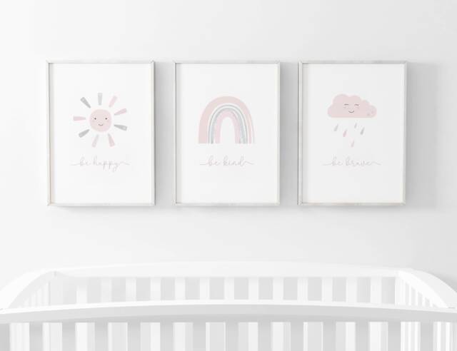 Neutral Rainbow Prints - Set Of 3, Pink Grey Nursery, Sun Rain Prints, Baby Girl Print, Nursery Wall Art - image 1