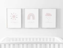 Neutral Rainbow Prints - Set Of 3, Pink Grey Nursery, Sun Rain Prints, Baby Girl Print, Nursery Wall Art - thumbnail 1