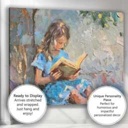 Impressionist Girl Reading Book Beneath Tree Serene Blue Garden Canvas Wall Art Print Decor Picture Ready To Hang - thumbnail 3