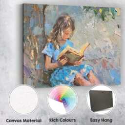 Impressionist Girl Reading Book Beneath Tree Serene Blue Garden Canvas Wall Art Print Decor Picture Ready To Hang - thumbnail 2