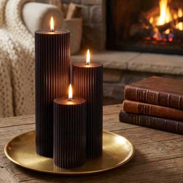 Vanilla Sandalwood Tall Ribbed Scented Pillar Candles - Handmade Home Decor - image 1