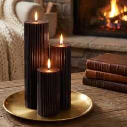 Vanilla Sandalwood Tall Ribbed Scented Pillar Candles - Handmade Home Decor - thumbnail 1