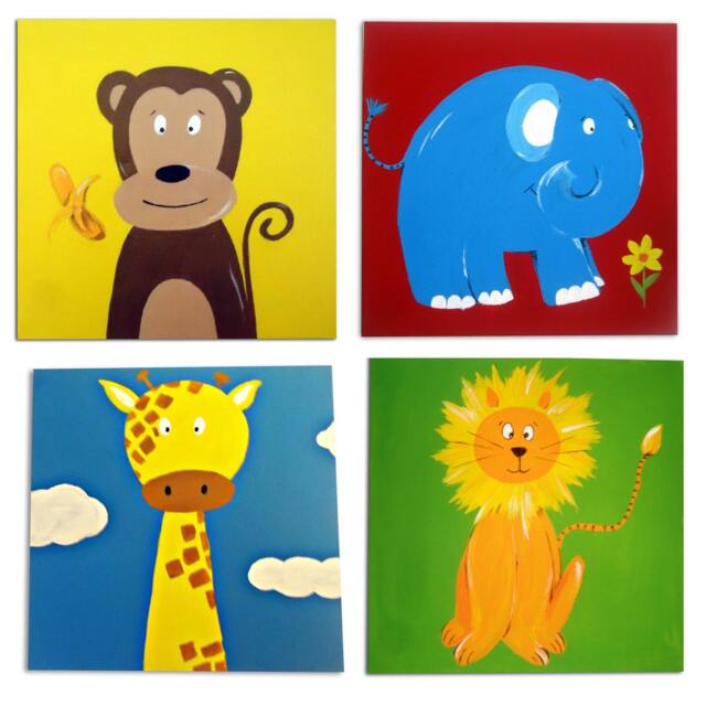Jungle Animal Art, Painting On Canvas X 4, Decor, Safari Wall Baby Boy Nursery, Original Art - image 1