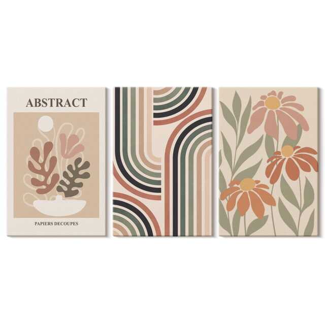 Set Of 3 Canvas Prints - Plants & Patterns in Pastel Colors, Orange Wall Art, Abstract Hanging Piece - image 1