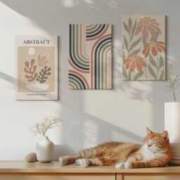Set Of 3 Canvas Prints - Plants & Patterns in Pastel Colors, Orange Wall Art, Abstract Hanging Piece - thumbnail 2