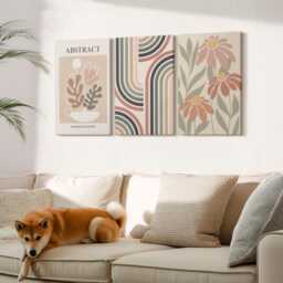Set Of 3 Canvas Prints - Plants & Patterns in Pastel Colors, Orange Wall Art, Abstract Hanging Piece - thumbnail 3