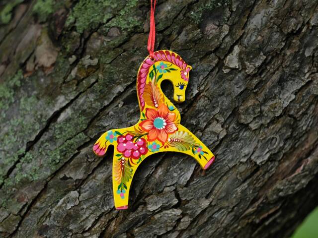 Horse Christmas Ornament, Hand-Painted Ornament, Fairy Pony Ornament Carved From Wood, Yellow Flower Tree Decoration - image 1