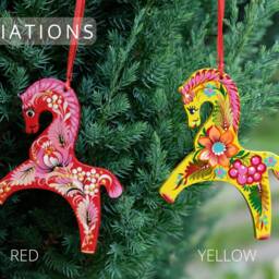 Horse Christmas Ornament, Hand-Painted Ornament, Fairy Pony Ornament Carved From Wood, Yellow Flower Tree Decoration - thumbnail 2