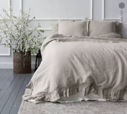 Natural Unbleached Linen Comforter Cover -Ruffled Luxurious Double/Queen/King Size Doona Cover - Ecru Duvet With Ruffles - thumbnail 1
