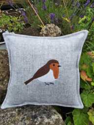 Robin Grey Wool Cushion C/W Feather Inner, Zipped, Handmade, Embroidered With Silks, 30x30, 35x35 cms, Bird Gift, Birthday, Scatter