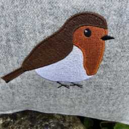 Robin Grey Wool Cushion C/W Feather Inner, Zipped, Handmade, Embroidered With Silks, 30x30, 35x35 cms, Bird Gift, Birthday, Scatter - thumbnail 3
