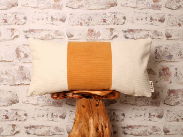 Ecru & Mustard Corduroy Lumbar Pillow Cover Geometric Boho Cushion - image 1