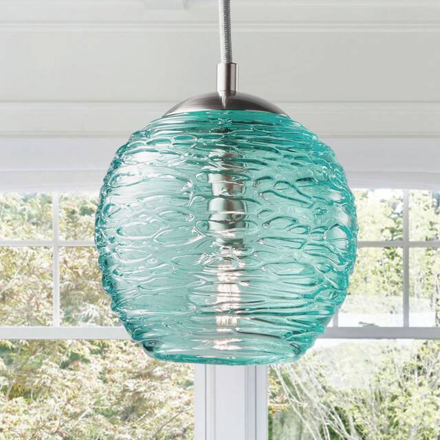 Teal Glass Pendant Light - Handblown Stella Globe - Artisan Kitchen & Living Room Lighting - image 1