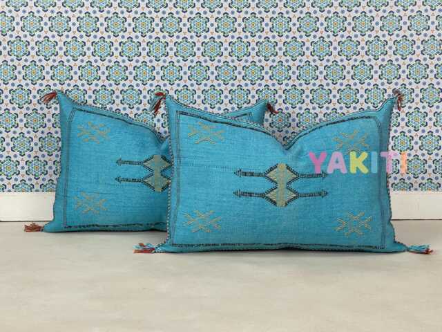 Yakiti-Blue Square Moroccan Pillows, Aka Cactus Silk Pillow, Decorative Pillows, Sabra Pillows, Moroccan Decor Designer Cactus - image 1