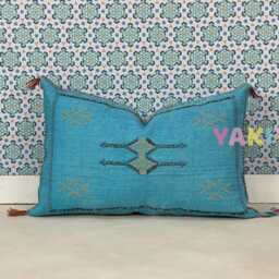 Yakiti-Blue Square Moroccan Pillows, Aka Cactus Silk Pillow, Decorative Pillows, Sabra Pillows, Moroccan Decor Designer Cactus - thumbnail 2