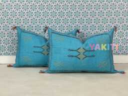 Yakiti-Blue Square Moroccan Pillows, Aka Cactus Silk Pillow, Decorative Pillows, Sabra Pillows, Moroccan Decor Designer Cactus - thumbnail 1