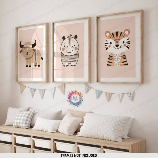 Safari Nursery Wall Posters - Set Of 3 Boho Prints - Kids Playroom Art Cute Animal Designs Neutral Coloured Decor Boys Girls Bedroom - image 1