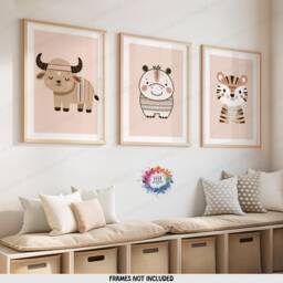 Safari Nursery Wall Posters - Set Of 3 Boho Prints - Kids Playroom Art Cute Animal Designs Neutral Coloured Decor Boys Girls Bedroom - thumbnail 2