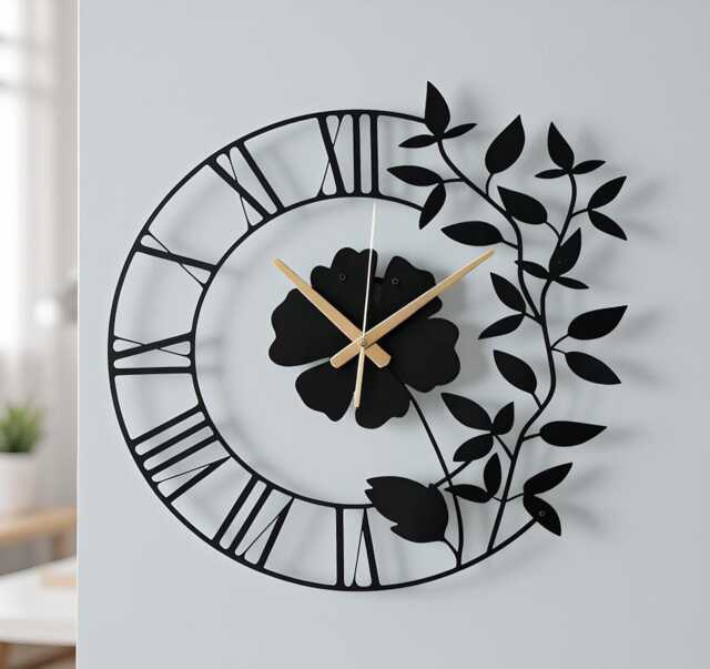 Floral Metal Wall Clock, Black Flower & Leaf Design Decor, Silent Modern Art Perfect Housewarming Wedding Gift, Wanduhr - image 1