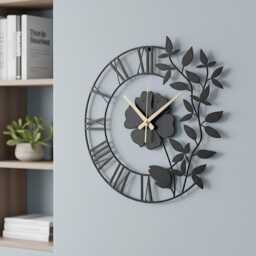 Floral Metal Wall Clock, Black Flower & Leaf Design Decor, Silent Modern Art Perfect Housewarming Wedding Gift, Wanduhr - thumbnail 2