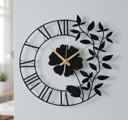 Floral Metal Wall Clock, Black Flower & Leaf Design Decor, Silent Modern Art Perfect Housewarming Wedding Gift, Wanduhr - thumbnail 1