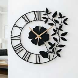 Floral Metal Wall Clock, Black Flower & Leaf Design Decor, Silent Modern Art Perfect Housewarming Wedding Gift, Wanduhr - thumbnail 3