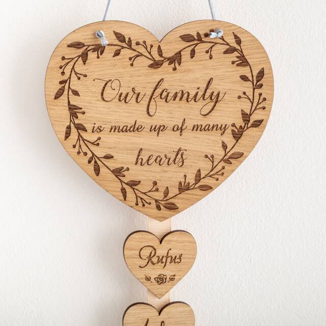 Family Of Hearts Plaque, Mother's Day Gift For Mum, Engraved Wooden Heart Sign With Family Names, Rustic Personalised Wall Hanging - image 1