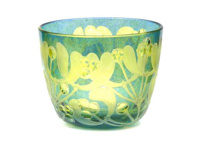 Lantern Tealight Holder Mistletoe Deep Cut Engraving Mouth Blown Hand Engraved - image 1